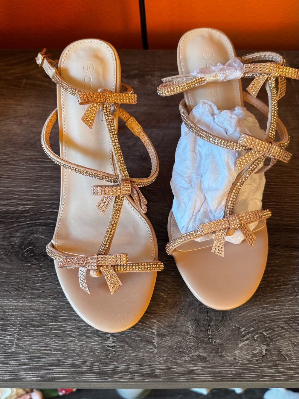 Crystal Bow Strappy Heels in Rose Gold
